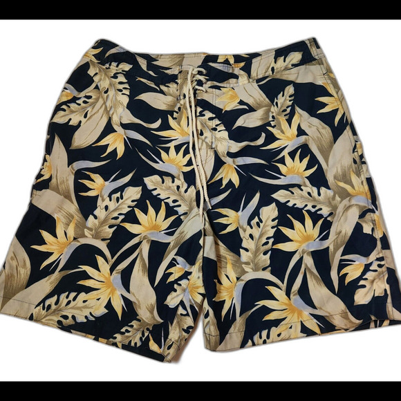Nautica Navy And Yellow Floral Vacation Men's Swim Trunks - 38W - Front Tie - Picture 1 of 7